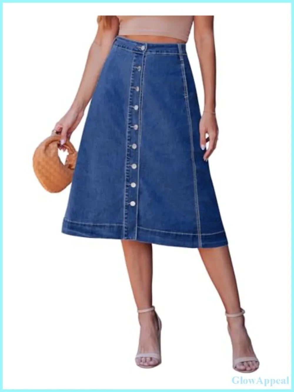 Denim A-Line Midi Skirt High Waist Stretchy with Pockets Button Front